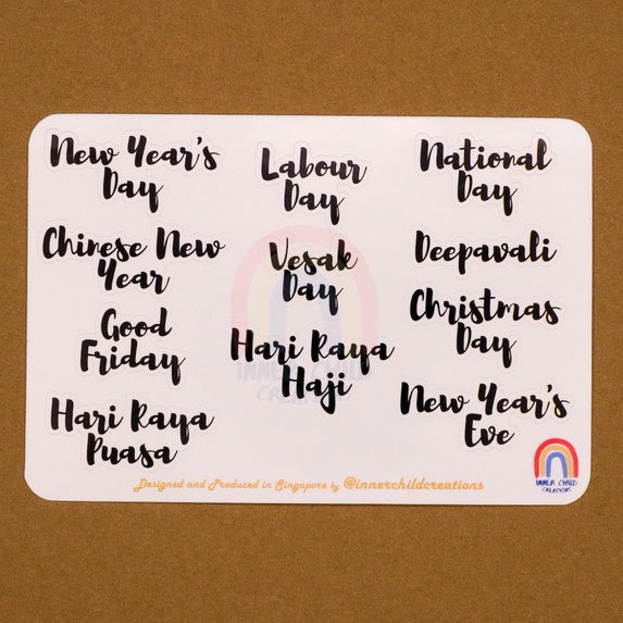 Cursive Planner Stickers, Singapore Public Holiday Journal Planner Stickers