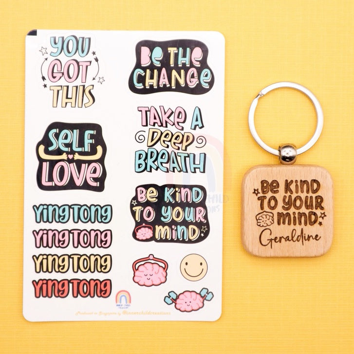 InnerChildCreations Custom Name Artisanal Laser Engraved Keyring and Stickers Mental Health Positivity [Gift Idea]