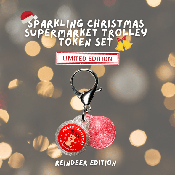 Limited Edition Custom Name Christmas Sparkling Supermarket Trolley Token Keychain Set