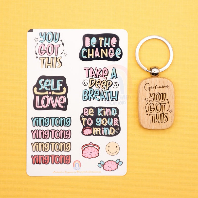 InnerChildCreations Custom Name Artisanal Laser Engraved Keyring and Stickers Mental Health Positivity [Gift Idea]