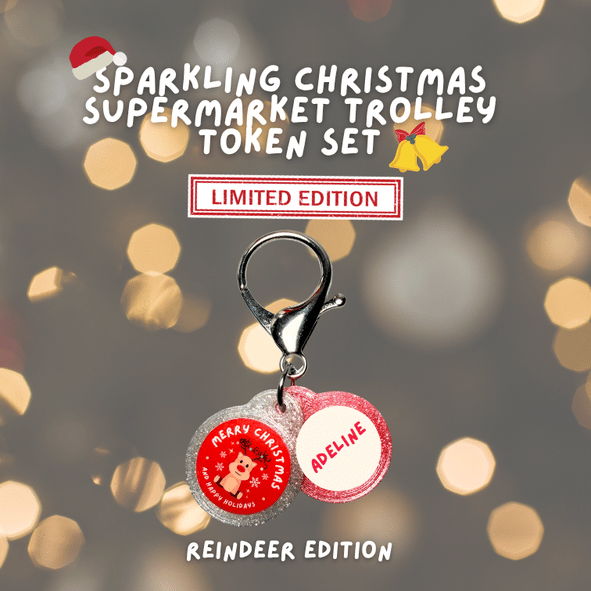 Limited Edition Custom Name Christmas Sparkling Supermarket Trolley Token Keychain Set